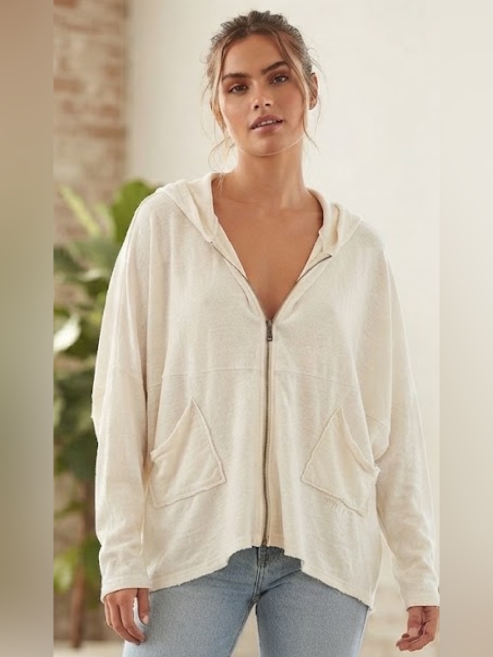 Billabong Cream Distressed Zip Up Hoodie XL Oversized Soft Cotton